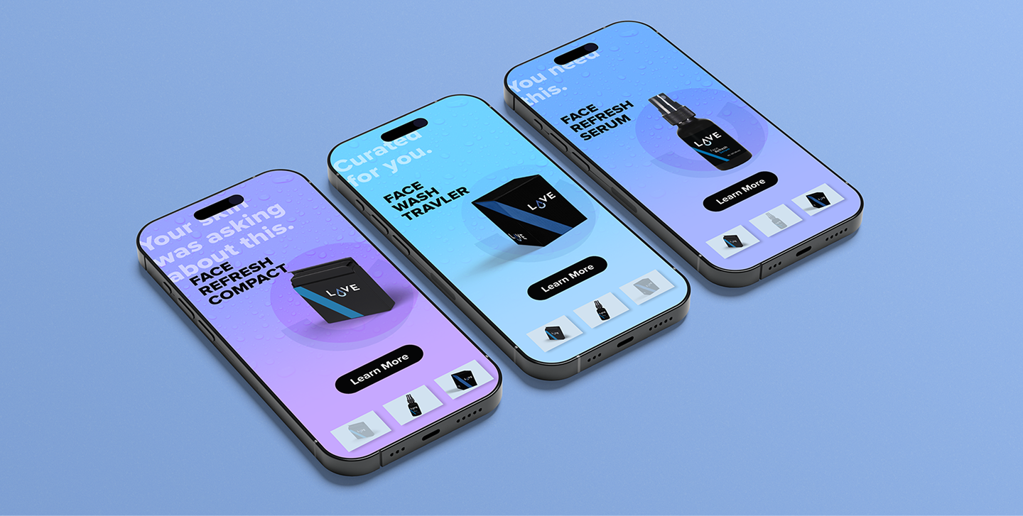 Three phone screens showing Lave product pages — Face Refresh Compact, Face Wash Traveler, Face Refresh Serum