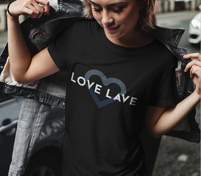 Model wearing a Love Lave graphic tee
